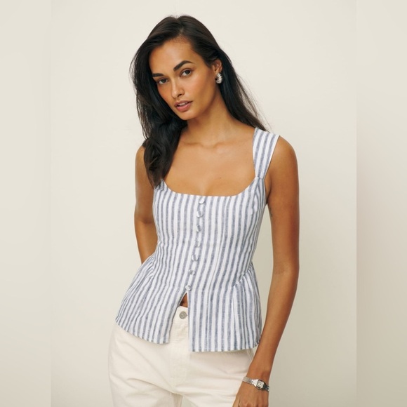 Reformation Evie Linen Top in Antibes Stripe Blue White Stripes | US 0 UK 4 - Picture 1 of 10